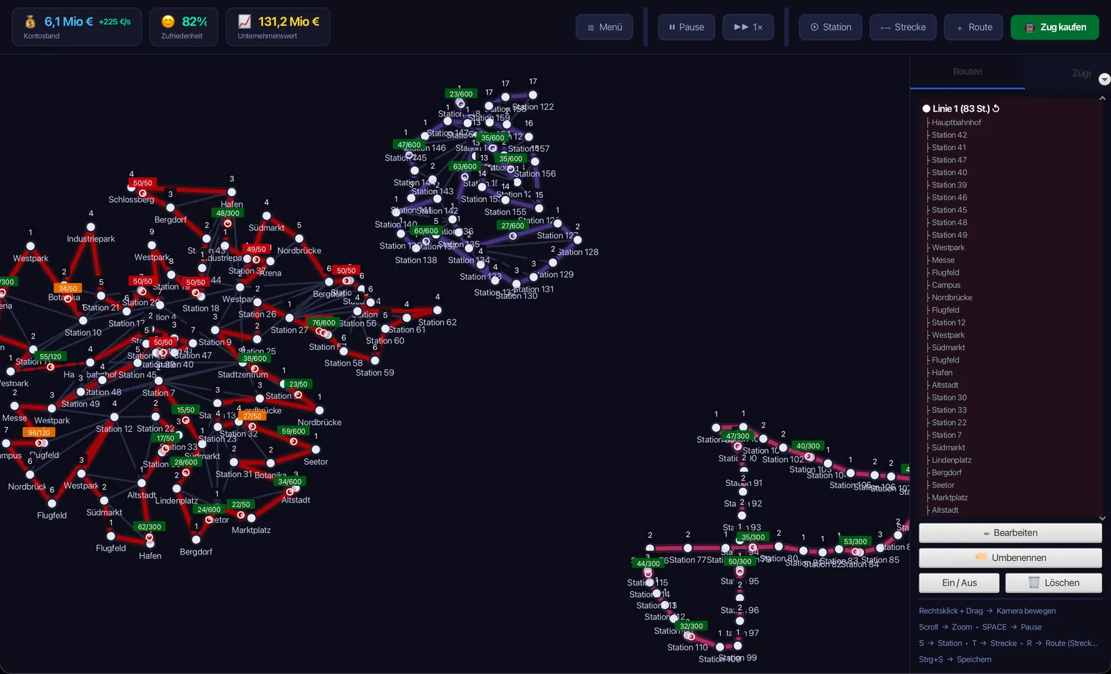 Afterfall im Spiel: ein U-Bahn-Netz mit roten und lila Linien, rechts die Liste der Stationen einer Linie