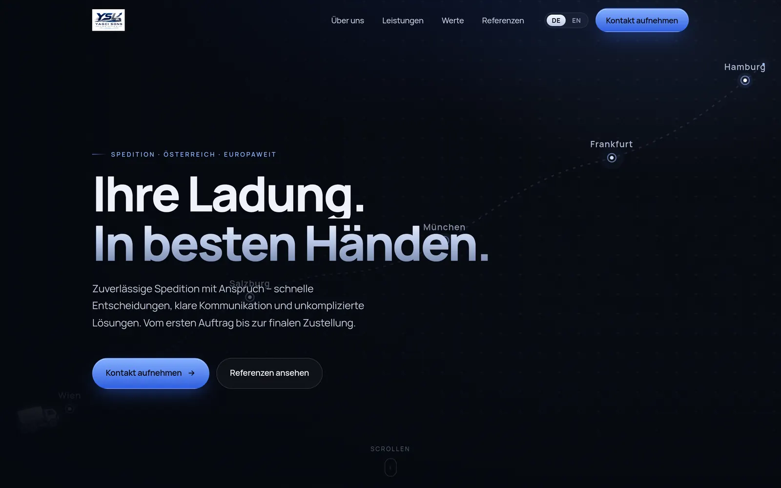 Startseite von yagcisons.at: dunkelblau, Überschrift „Ihre Ladung. In besten Händen.“, dazu eine Route über Hamburg, Frankfurt und München